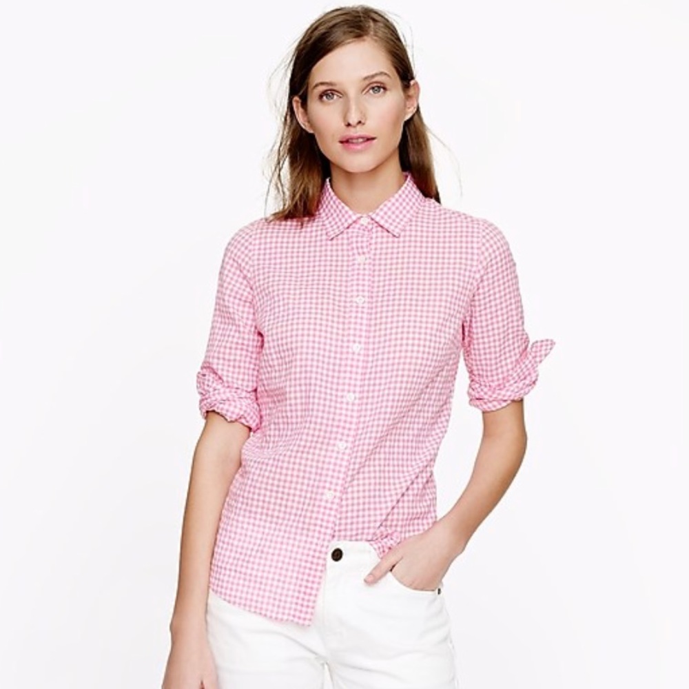 J Crew Pink Gingham Button Down Perfect Shirt